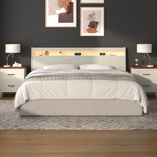 Wooden Headboard Only with Storage, Skirting Groove for Enhanced Stability, Built-in Power Outlet, 2 USB Ports & LED Light - Solid Wood Leg Sturdy Stable Bed Backboard (Ivory White, Queen)
