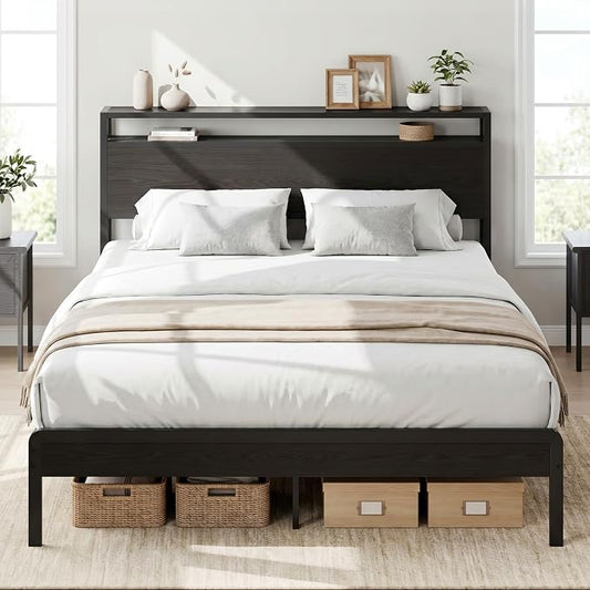 LIKIMIO Queen Bed Frame with Headboard, Dark Wood Camas Queen with Strong Supports, Sturdy, Noise-Free, No Box Spring Needed, Classic Black