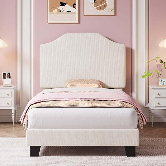 Twin Size Bed Frame, Corduroy Upholstered Platform Bed Frame with Adjustable Headboard, Mattress Foundation, Wooden Slats Support, No Box Spring Needed, Easy Assembly, Beige
