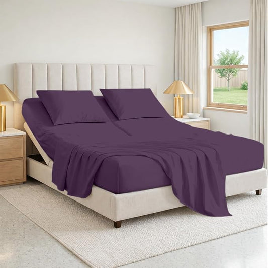 SGI bedding 32" King Split Top Flex Head Sheet 100% Egyptian Cotton 1000 Thread Count Flex Top Sheet for Adjustable Bed 4Pc Set 15" Deep Pocket for Sleep Number Bed - Plum