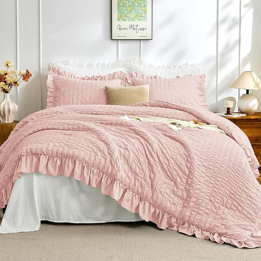 JOLLYVOGUE Twin Size Comforter Set, 2 Pieces Rose Gold Seersucker Lightweight Fluffy Bedding Set, Twin Ruffle Comforter, All Season Soft Microfiber Shabby Chic Bed Set
