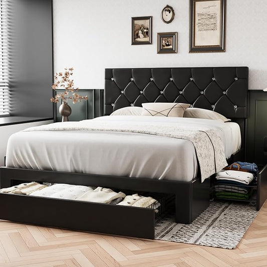 VECELO Queen Size Bed Frame with 3 Storage Drawers, Leather Upholstered with Diamond Tufted Headboard, Solid Wood Slat Support & Steel Framework, PU & Black