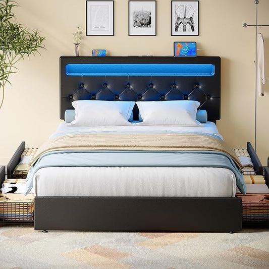 Rolanstar Full Size Bed Frame with 4 Drawers and Charging Station,Twin Bed with Led Lights, 2 USB and 1 Type C, Adjustable Upholstered Headboard 38.9/40.8 Inches, Sturdy, No Box Spring Needed, Black