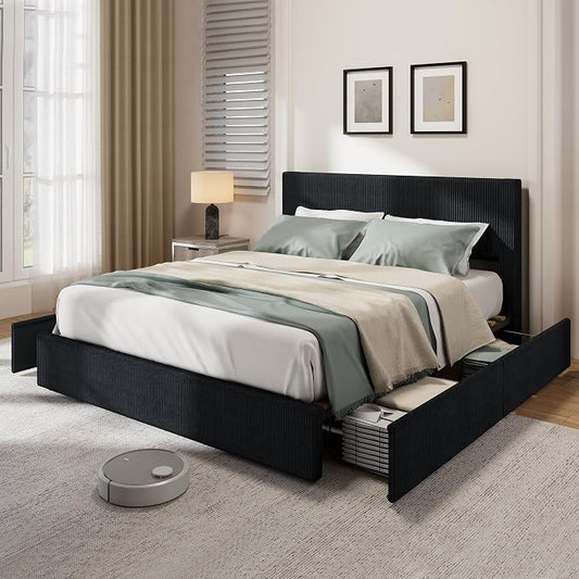 IDEALHOUSE Full Size Bed Frame with Tufted Wingback Headboard, Platform Corduroy Upholstered Bed Frame with 4 Storage Drawers and Wooden Slats Support, No Box Spring Needed, Black