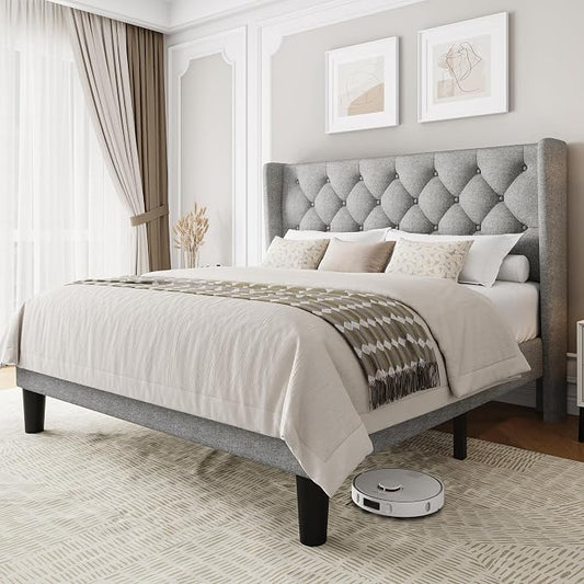 Einhomn Queen Size Platform Bed Frame with Fabric Upholstered Wingback Headboard, 9" Under Bed Space, Wooden & Metal Slats Support, No Box Spring Needed, Light Gray