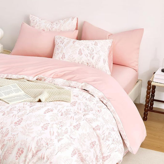 Wake In Cloud - Floral Duvet Cover Set, Botanical Vintage Flower Coquette Cottagecore Aesthetic for Women Teen Girls, Soft Lightweight Bedding, 3-Piece, Blush Pink, Queen Size