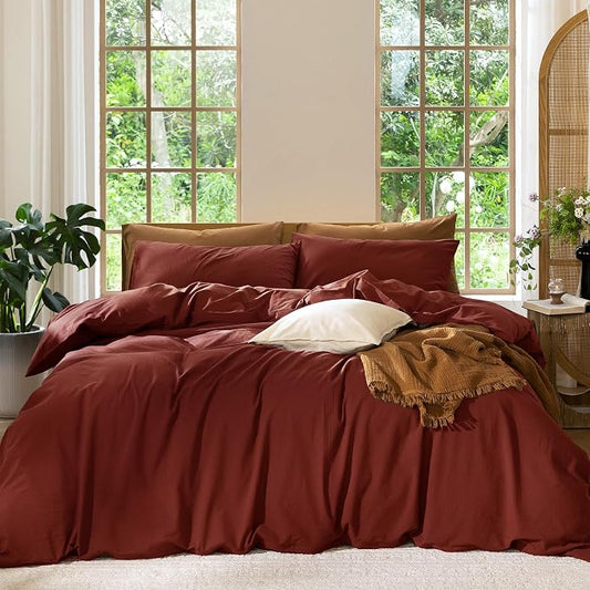 MooMee Bedding Duvet Cover Set 100% Washed Cotton Linen Like Textured Breathable Durable Soft Comfy (Solid Fired Brick Red, Twin 68"x90")