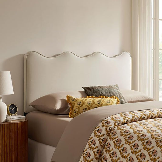Monday Athena King Size Performance Velvet Adjustable Headboard in Alabaster - with Scalloped Wave Design and Stain-Resistant Velvet Upholstery