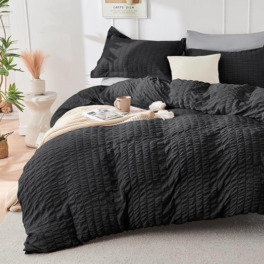 HYMOKEGE Black/Light Grey Duvet Cover King Size, Ultra Soft 3-Piece Seersucker Duvet Cover Set with Zipper Closure, Soft Brushed Microfiber Bedding Set with 8 Corner Ties (104"x90", 2 Pillowshams)