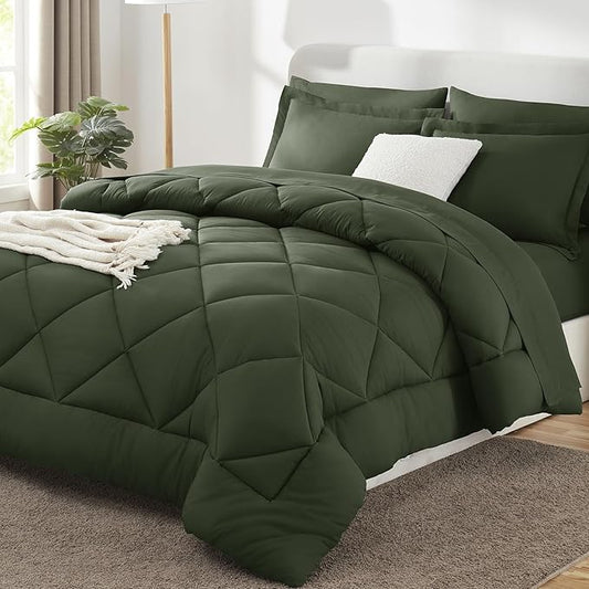 CozyLux King Size Comforter Set Dark Green - 7 Pieces Bed in a Bag King, Luxury Soft Bed Set for All Seasons, Bedding Set with Down Alternative Comforter, Sheets, Pillowcases & Shams