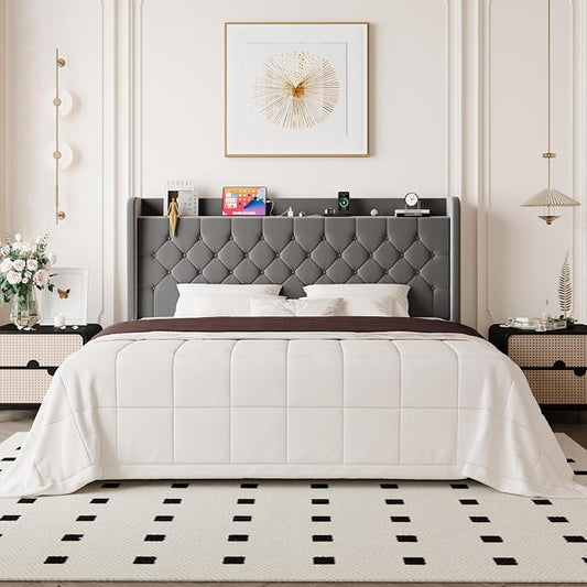 Allewie King Size Bed Frame, Storage Headboard with Charging Station, Wingback Velvet Upholstered, Diamond Stitched Button Tufted, Sturdy Wooden Slats, No Box Spring Needed, Easy Assembly, Grey