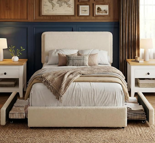 GarveeHome Bed Frame with 2 Storage Drawer, Teddy Fleece Thick Upholstered Platform Bed Frame with Adjustable Headboard, No Box Spring Needed, Cream Beige, Twin