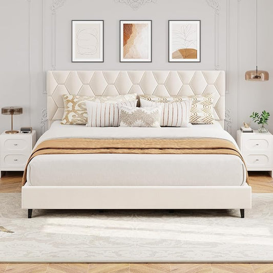 GarveeHome Beige King Bed Frame with Upholstered Headboard, Heavy-Duty Platform Bed Frame with Adjustable Headboard, Strong Wood Slat Support/No Box Spring Needed/Noise Free