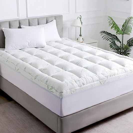 WhatsBedding Twin Mattress Topper, Soft Pillow Top Mattress Topper with Deep Pocket Fits 8–21 Inch,7D Spiral Fiber Filling, Bamboo Viscose Air Layer Mattress Topper Twin.