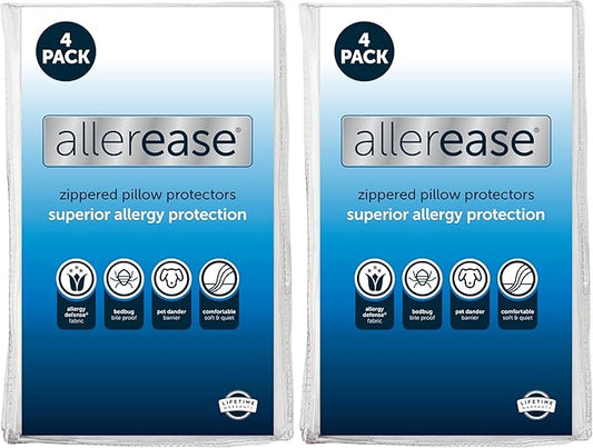 Set of 4 King AllerEase Pillow Protectors - Moisture Wicking,Advanced Allergy Protection - Premium Polyester,Zippered Protectors,(Pack of 2)