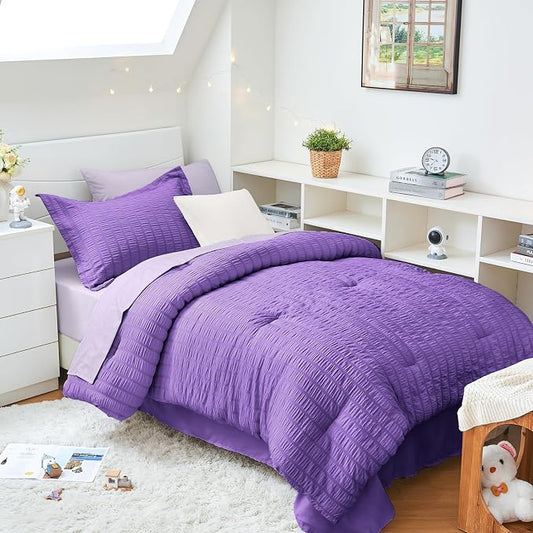 HYMOKEGE Dark Purple/Lavender Twin XL Comforter Set Seersucker 5 Pieces, All Season Luxury Bed in a Bag for Bedroom, Bedding Set with Comforter, Sheets, Pillowcase & Sham