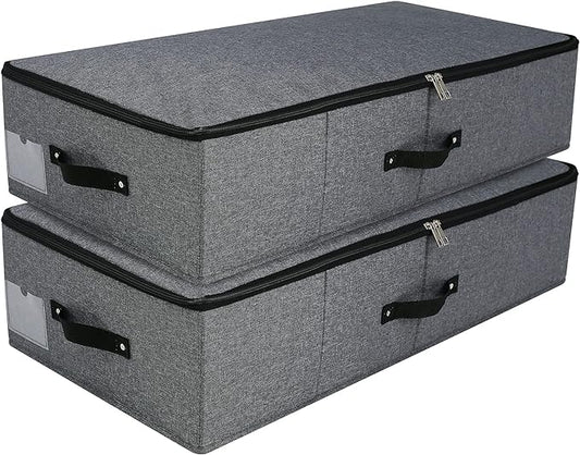 AMJ Foldable Under Bed Storage Basket Container [2 Pack] with Durable Fabric for Clothes, Shoes,Toys, Blanket, Comforter Organizers Bins, Black Grey