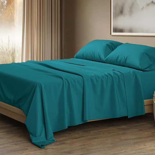 THREAD SPREAD 100% Egyptian Cotton Sheets California King Size - 1500 Series Cal King Sheets Egyptian Cotton (4 PC, Teal), Silky Soft, Sateen Weave, Cooling & Breathable, 17" Deep Pocket Bed Set