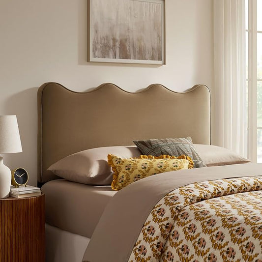 Monday Athena King Size Performance Velvet Adjustable Headboard in Taupe - with Scalloped Wave Design and Stain-Resistant Velvet Upholstery