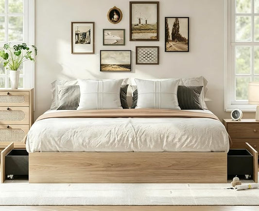 IDEALHOUSE Full Bed Frame with 2 Storage Drawers, Wooden Bed Frame Without Headboard, Minimalist Floor Platform Bed, Wood Slat Support, Noise Free, No Box Spring Needed, Easy Assembly
