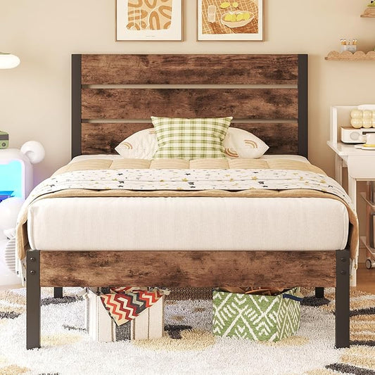 Fluest Twin Bed Frame with Headboard and Footboard, Metal Twin Bed Frame with Under Bed Storage, All-Metal Support System, No Box Spring Needed, Easy Assembly,Rustic Brown