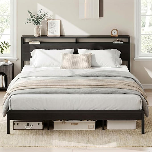 LIKIMIO King Bed Frame with Headboard, Dark Wood Camas King with Strong Supports, Sturdy, Noise-Free, No Box Spring Needed, Classic Black