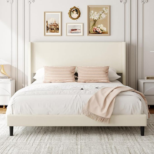 Sismplly Queen Bed Frame with Wingback Headboard, Velvet Upholstered Platform Bed with Wooden Slats, 6.46“ Under Bed Storage, Metal Support, Noise Free, No Box Spring Needed, Beige