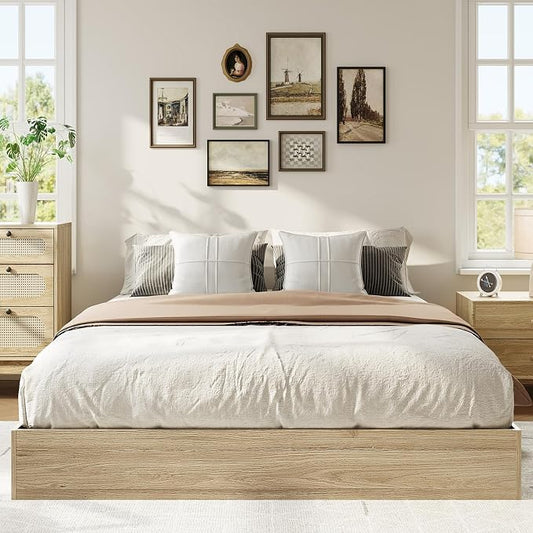 IDEALHOUSE Platform Bed Frame Queen Size,Wooden Slat Support,No Box Spring Needed, Easy Assembly, Natural
