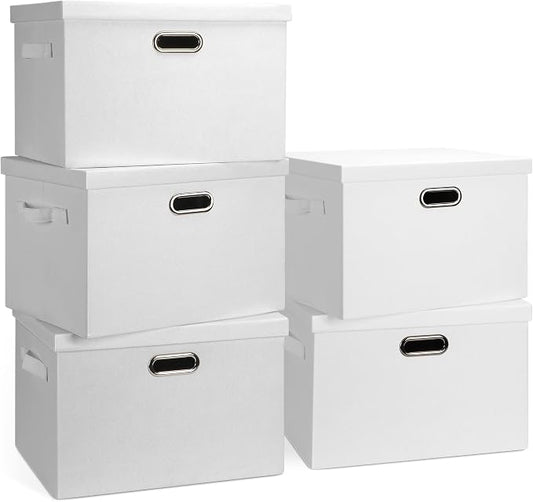Graciadeco Large 17" 36 Quart Collapsible Stackable Storage Bins with Lids, 5 Packs White Linen Fabric Closet Boxes with Lids, Storage Cube Baskets Container Organizers for Bedroom Office(17 x12 x11)