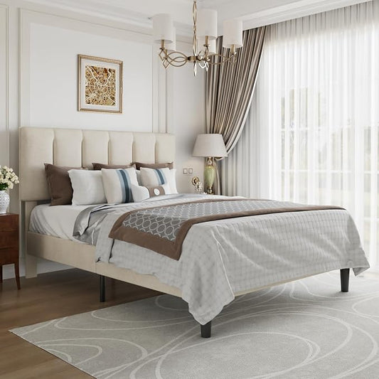 VECELO Queen Size Bed Frame with Upholstered Headboard, Heavy-Duty Bedframe with Strong Wooden Slats Support, No Boxing Spring Needed, Pale Beige