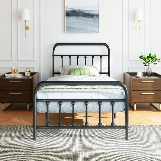 Shintenchi Twin Size Metal Platform Bed Frame with Headboard & Footboard, Steel Slat Mattress Foundation, Under Bed Storage, Noise-Free, No Box Spring Needed, Black Round
