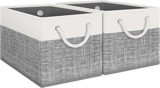 Fab totes Storage Bins 2-Pack, Foldable Storage Baskets for Organizing Toys, Books, Shelves, Closet, Large Storage Box with Rope Handles, Sturdy Organizer Bins, White & Grey