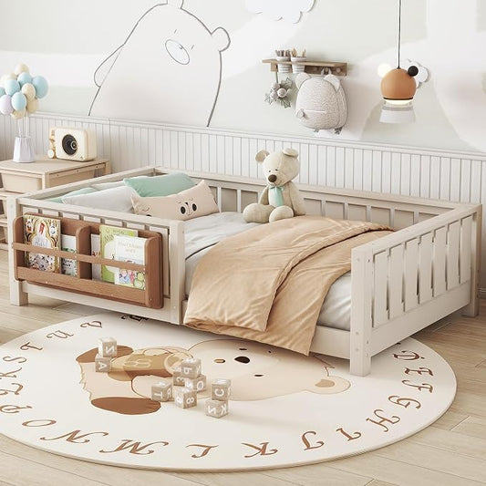 Bellemave Twin Size Kids Montessori Bed with Bookshelf,Solid Wood Twin Floor Bed Frame with Fence and Slats for Girls Boys,Low-Profile,Beige