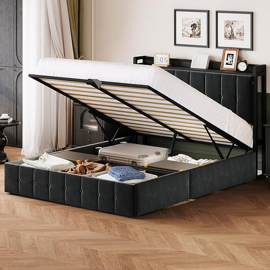 Garvee Queen Size Lift Up Storage Bed, Upholstered Velvet Bed Frame with Storage Headboard, Metal Platform Bed, No Box Spring Needed, Solid Wooden Slats, Noise Free, Black