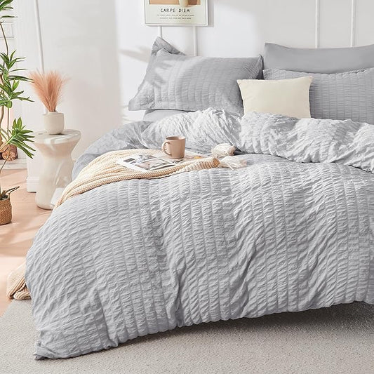 HYMOKEGE Light Grey Twin Size Duvet Cover, Ultra Soft 2-Piece Seersucker Duvet Cover Set with Zipper Closure, Soft Brushed Microfiber Bedding Set with 8 Corner Ties (68"x90", 1 Pillowshams)
