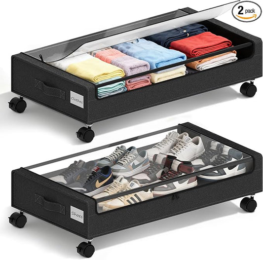 Under Bed Storage with Wheels - 2Pack 60L Underbed Storage Containers with Clear Lid & Label, Rolling Under Bed Storage Bins for Clothes, Shoes, Blankets (XL,Black)