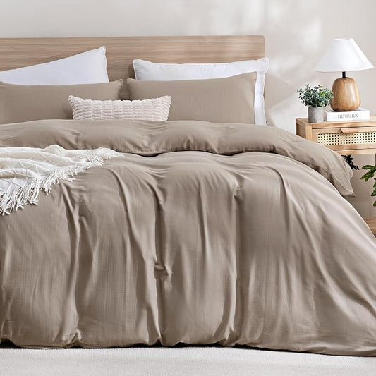 TOCOMOA Muslin Duvet Cover 100% Cotton Like Linen Texture Breathable Soft Comfy 3-Piece Taupe Comforter Cover Bedding Set (Queen 90"x90", Comforter Not Included)