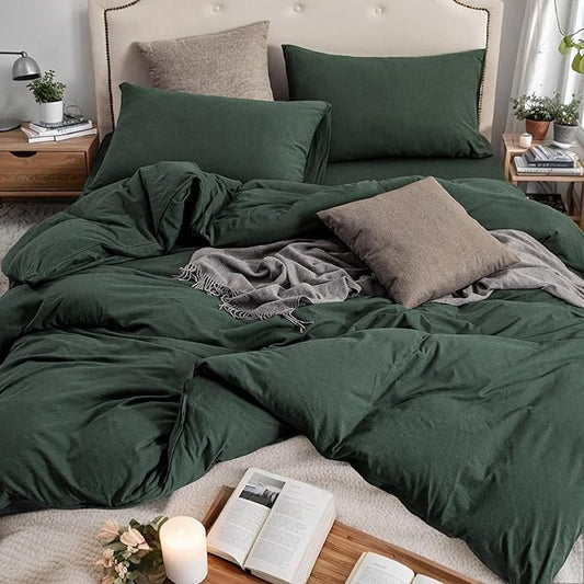 PURE ERA Jersey Knit Duvet Cover Set 100% T-Shirt Cotton Super Soft Comfy 3pc Bedding Set with Zipper Closure (Solid Forest Green, Oversized King)