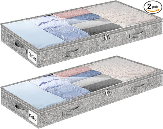 3 Inch Low Profile Under Bed Storage Drawer 2 Pack, Lightweight Underbed Clothes Storage Container Bins With NO STURCTURE, Shallow Storage Bag for Dorm & Home, With Clear Lids & Water-Resistant Fabric