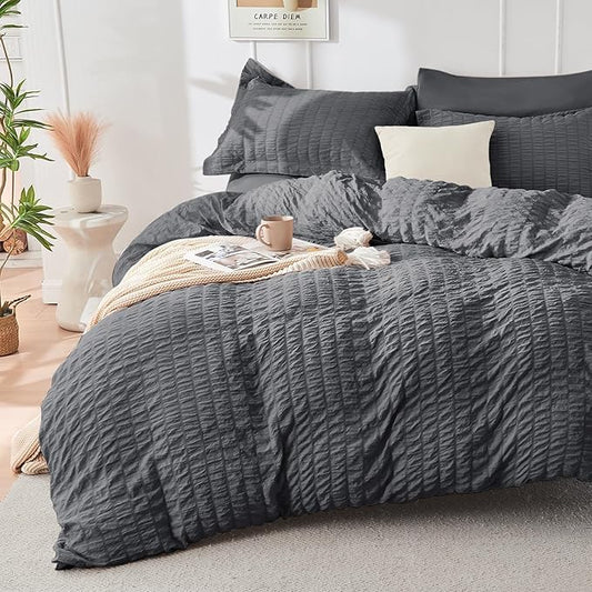 HYMOKEGE Dark Grey Duvet Cover Full Size, Ultra Soft 3-Piece Seersucker Duvet Cover Set with Zipper Closure, Soft Brushed Microfiber Bedding Set with 8 Corner Ties (80"x90", 2 Pillowshams)