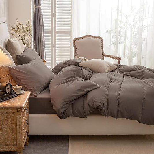 PURE ERA Jersey Knit Duvet Cover Set 100% T-Shirt Cotton Super Soft Comfy 3pc Bedding Set with Zipper Closure (Solid Brown, King)