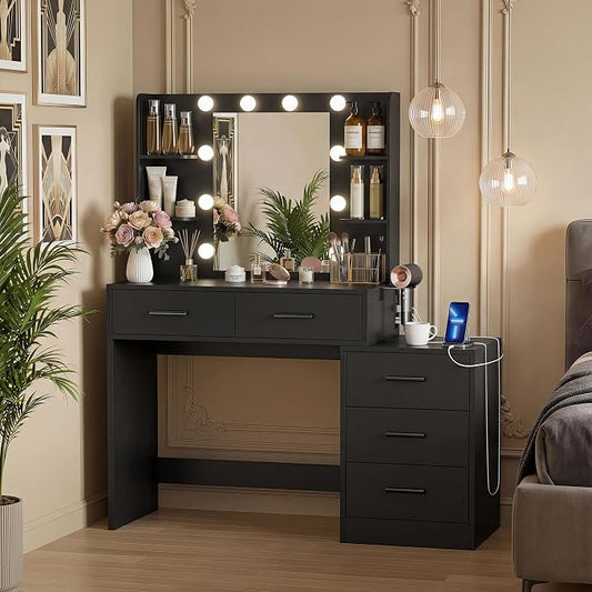 YESHOMY Makeup Vanity Desk with Mirror & Lights, Vanity Table with 5 Drawer, 6 Shelves, Charging Station for Bedroom, Dressing Room, Dark Black