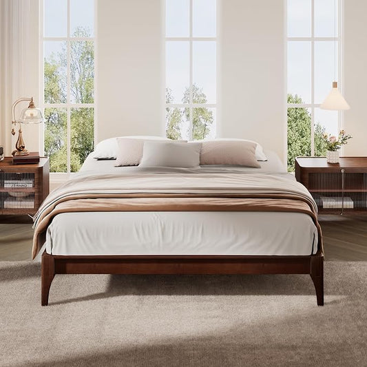 Merax Mid-Century Bamboo Platform Bed, Queen Size Bed Frame with Wood Slat Support, No Box Spring Needed, Easy Tool-Free Assembly, Chocolate