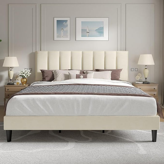 VECELO King Size Bed Frame with Upholstered Headboard, Heavy-Duty Bedframe with Strong Wooden Slats Support, No Boxing Spring Needed, Pale Beige