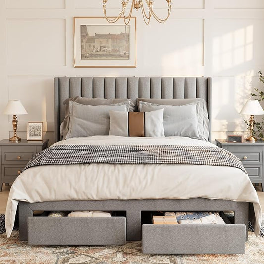 Garvee Full Size Bed Frame, Velvet Upholstered Bed Frame with Wingback Headboard, 2 Storage Drawers, No Box Spring Needed, Grey