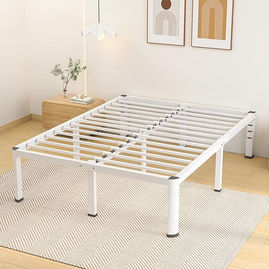 12 Inch Queen Bed Frame, Metal Platform Bed Frame with Round Corner Legs, 3500 lbs Heavy Duty Steel Slats Support, No Box Spring Needed, Noise Free, Easy Assembly, White