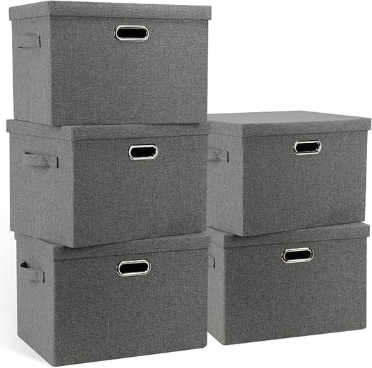 Graciadeco Large 17" 36 Quart Collapsible Stackable Storage Bins with Lids, 5 Packs Gray Foldable Fabric Closet Storage Boxes with Lids, Heavy-duty Linen Cube Baskets(17 x 12 x 11)