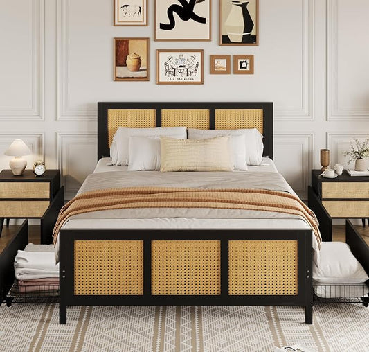 GarveeHome Black Rattan Bed Frame with Headboard, Boho Cane Platform Queen Bed Frame with 4 Drawers, Strong Metal Slats Support, Noise Free, No Box Spring Needed