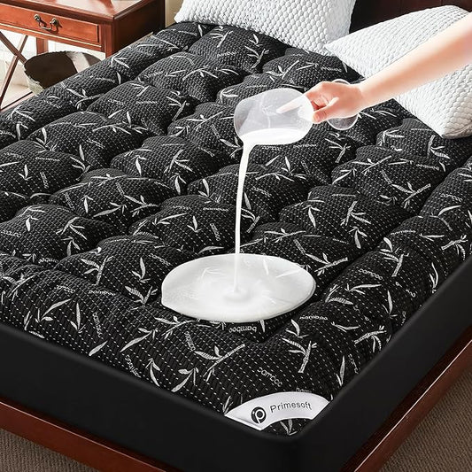 PRIMESOFT 100% Waterproof Queen Size Mattress Topper, Thick Pillow Top Mattress Pad，Up to 24 Inch Deep Pocket,Soft Breathable Mattress Pad for Back Pain, Protector Cover(Black)