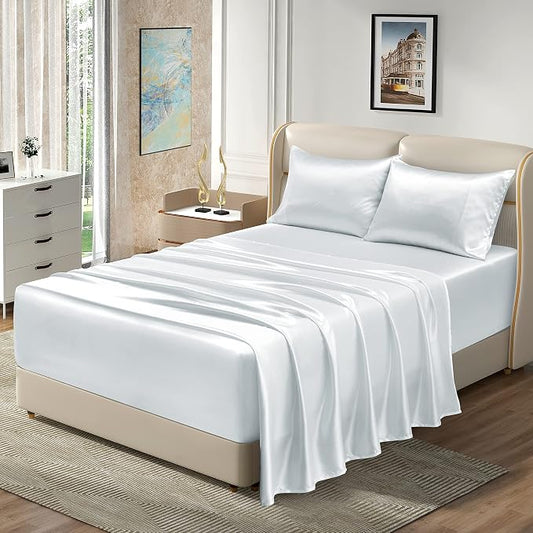 Homiest 4pcs Extra Deep Pocket Satin Sheets King Size Bed Set, 18-24 Inch Deep Pocket Bed Sheets White Satin Sheet Set, Silky Satin Bedding Set Luxury Fitted Sheet Set Fits Ultra Deep Mattress